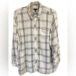 Talbots Windowpane in Black Ivory White Rayon Button-Up Long-sleeved Blouse PXL